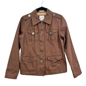Ruff Hewn Womens Military Utility Jacket Collared Flap Pockets Lined Brown Sz M*